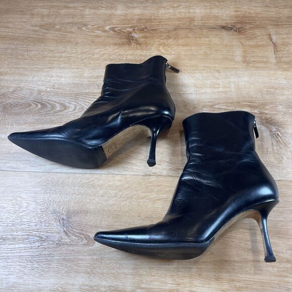 Jimmy Choo Black Pointy Toe Leather Bootie Boots Size 37.5 US 7.5 W Box - Picture 3 of 13